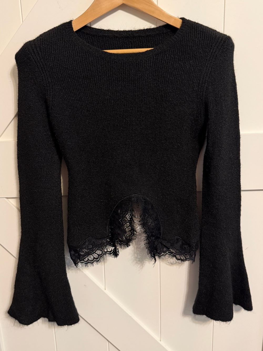 Commense Black Lace Trim Wool Blend Sweater Women S Bell Sleeve Coquette
